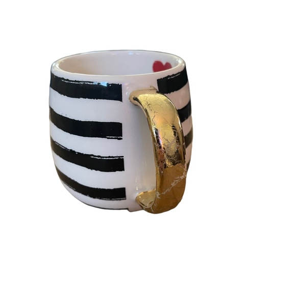 Earthenware Black & White Stripe "I Love Me" Mug with Heart Inside, Gold Handle - Picture 2 of 9
